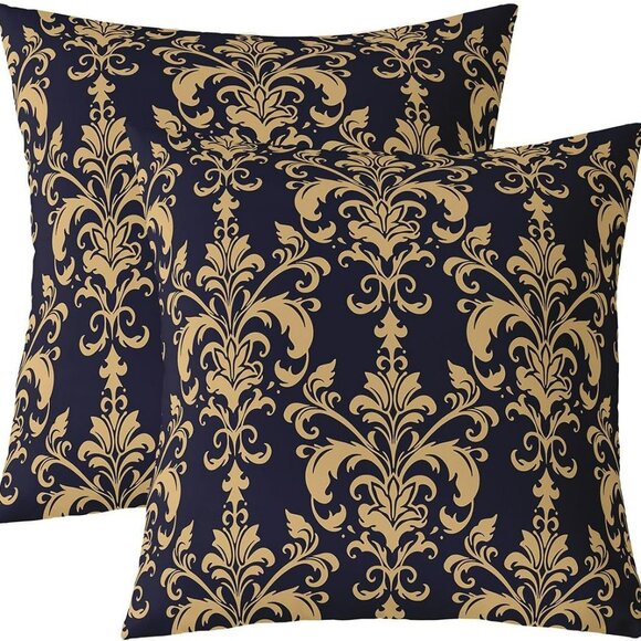 Gold Blue Damask Pillow Covers 24x24 Set of 2 Baroque Floral Decorative Cushions - Picture 1 of 1
